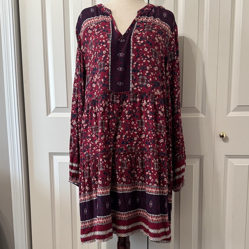 Knox Rose Floral Long Sleeve Boho Dress - Burgundy and Navy